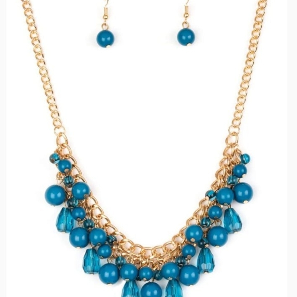 Paparazzi Gold and Blue Beaded Necklace Set Tour de Trendsetter Fashion Jewelry